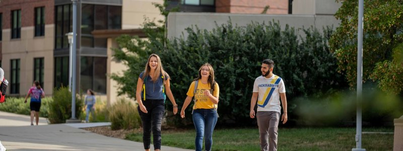 Group of students walking and talking on campus.