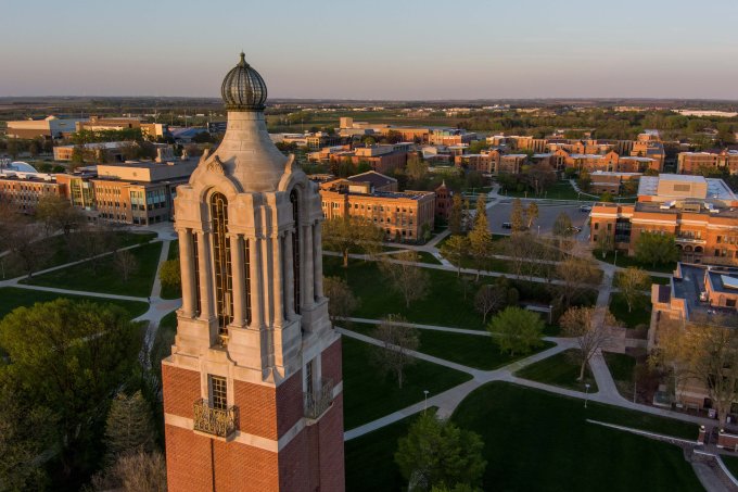 The top of the campanile and an aerial shot of campus